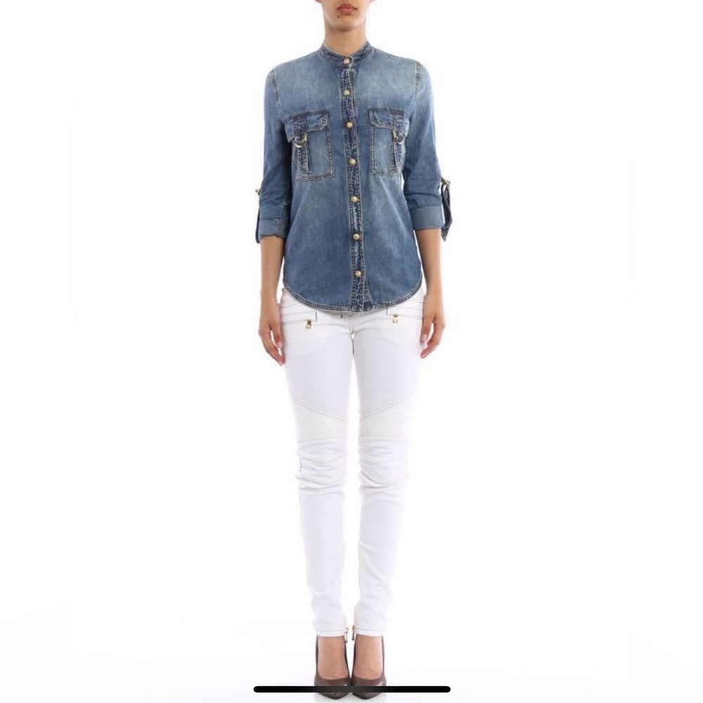NWT BALMAIN Blue Denim Button Down Shirt with Gold Hardware, Size 4/36